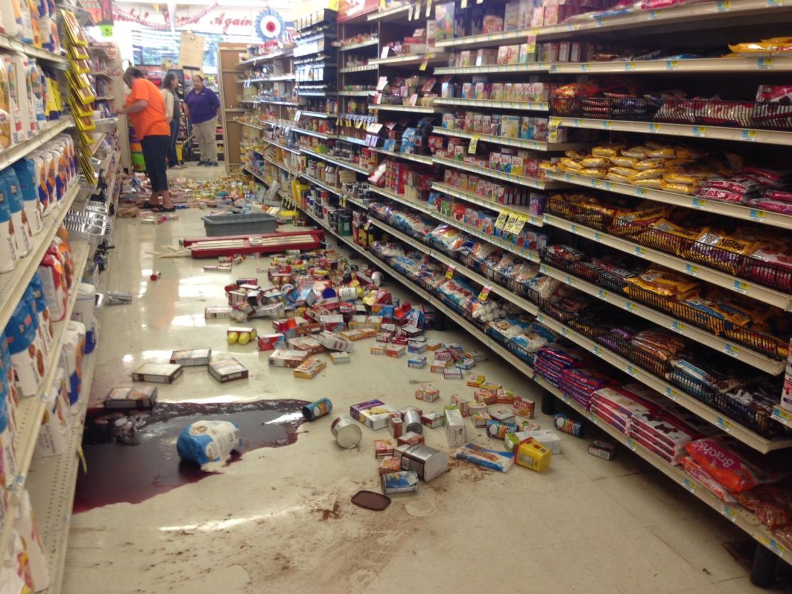 Damage at White's Foodliner grocery store following a record setting earthquake in Pawnee, Oklahoma, last September
