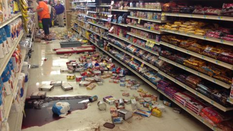 Damage at White's Foodliner grocery store following a record setting earthquake in Pawnee, Oklahoma, last September