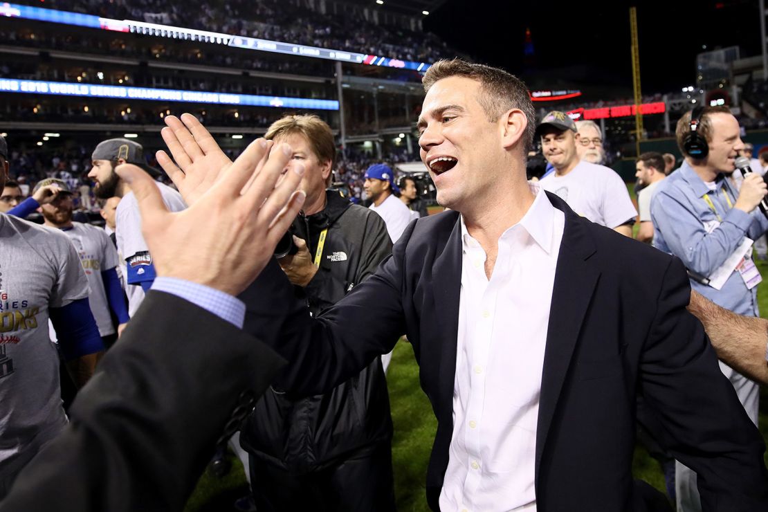 Theo Epstein reacts after the Cubs defeat the Indians on November 2, 2016, in Cleveland, Ohio. 
