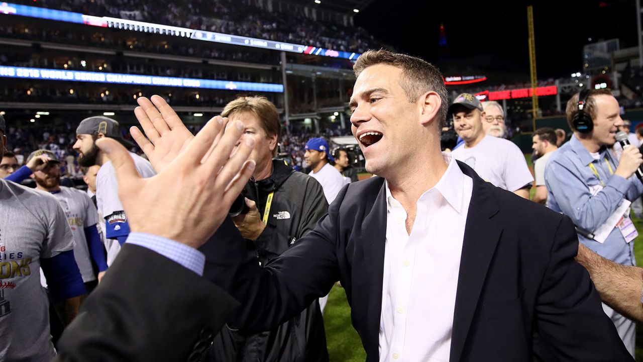 Theo Epstein reacts after the Cubs defeat the Indians on November 2, 2016, in Cleveland, Ohio. 