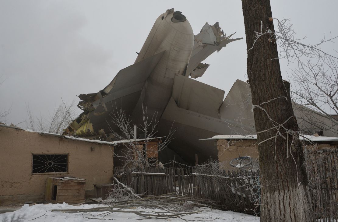 The wreckage of a Turkish cargo plane is seen after it crashed in a village outside Bishkek.