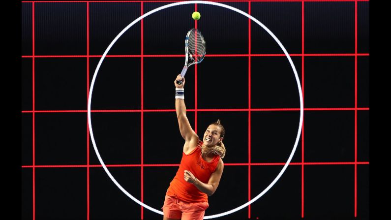 Slovakian tennis player Dominika Cibulkova serves during a practice session at the 2017 Australian Open on Friday, January 13, in Melbourne, Australia.