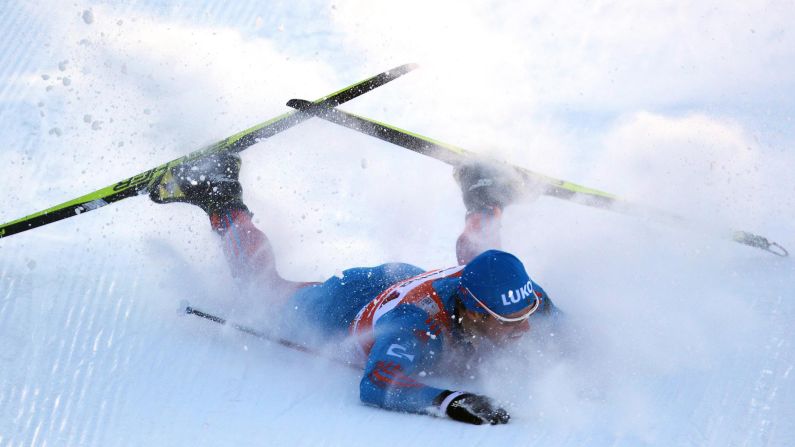 Sergey Ustiugov of Russia falls during the men's sprint qualifying round of the FIS Cross Country Skiing World Cup in Dobbiaco, Italy, on Saturday, January 14.