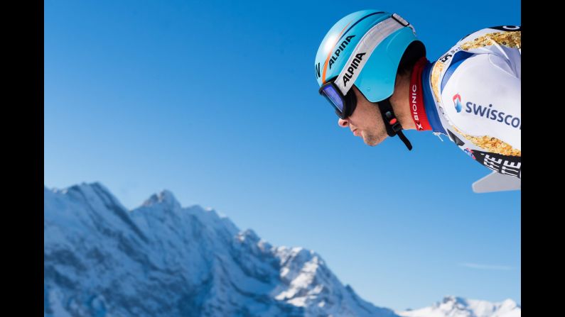 Switzerland's Patrick Kueng waits for the start of a training session before the men's downhill race of the FIS Alpine Skiing World Cup in Wengen, Switzerland, on January 11. 