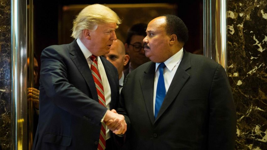 US President-elect Donald Trump shakes hands with Martin Luther King III after meeting at Trump Tower in New York City on January 16, 2017. 
The eldest son of American civil rights icon Martin Luther King Jr. met with US President-elect on the national holiday observed in remembrance of his late father. / AFP PHOTO / DOMINICK REUTERDOMINICK REUTER/AFP/Getty Images