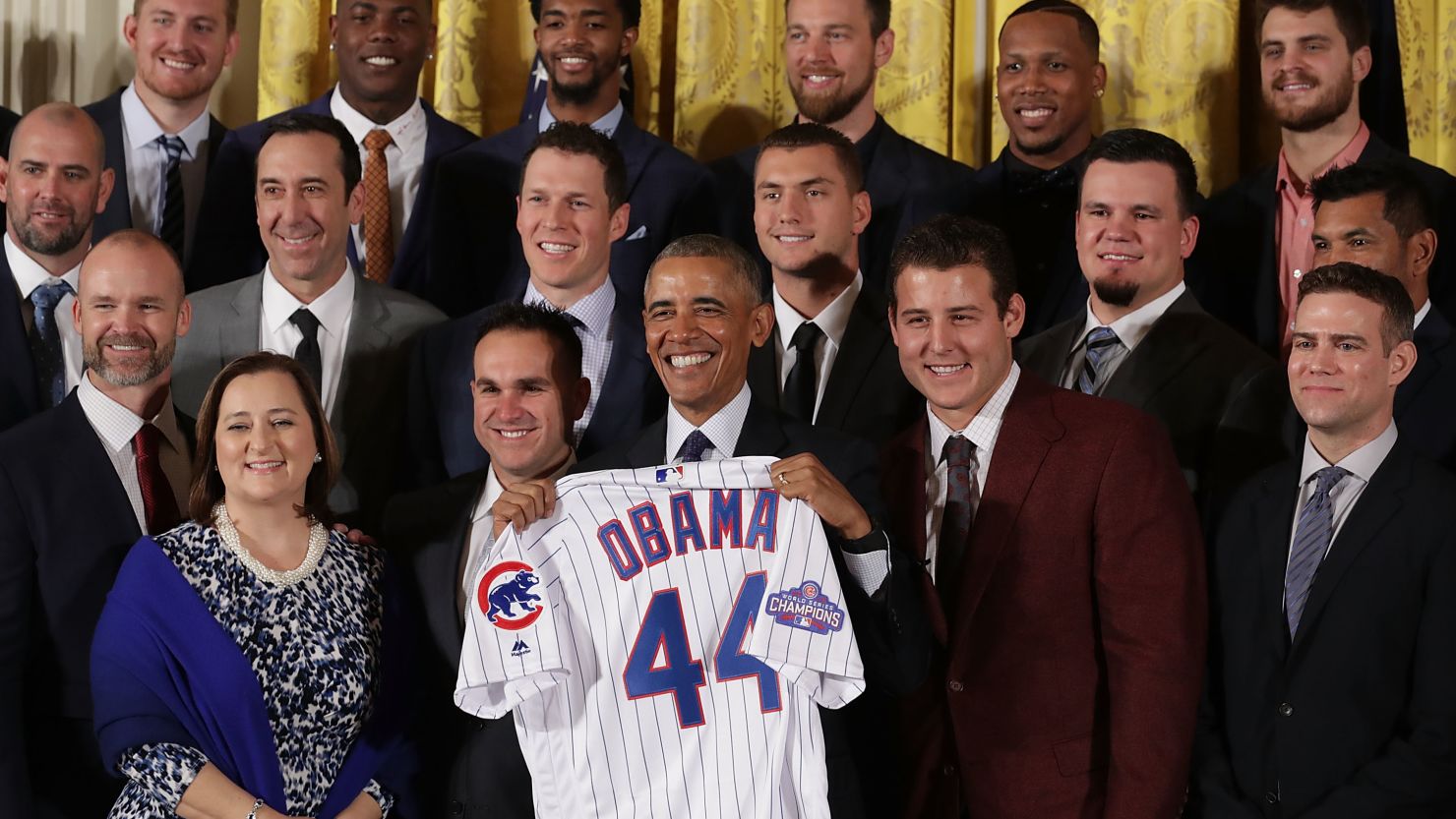 WASHINGTON, DC - JANUARY 16:  U.S. President Barack Obama poses for photograph with the Major League Baseball World Series champion Chicago Cubs during a celebration in the East Room of the White House January 16, 2017 in Washington, DC. Obama made sure to celebrate the Cubs' victory at the White House during his last week in office because they are from his adopted home town of Chicago.  (Photo by Chip Somodevilla/Getty Images)