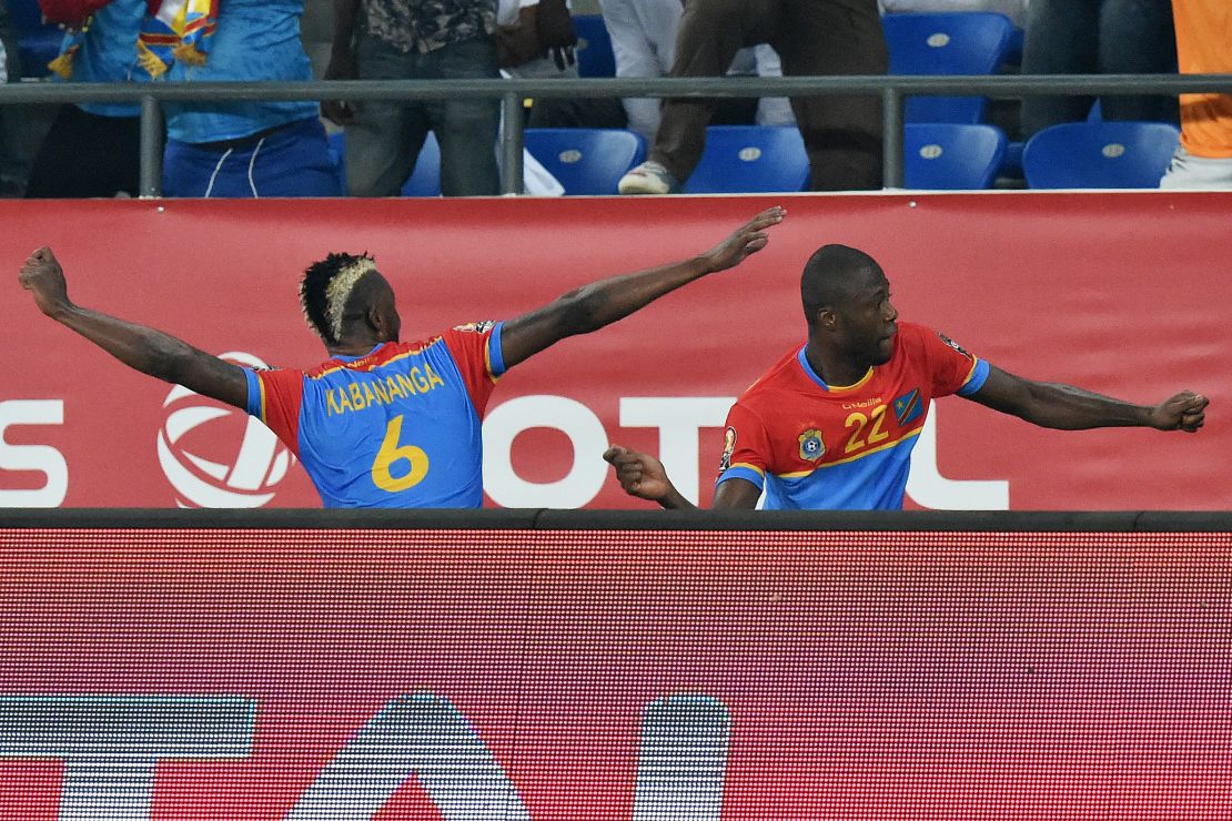 DR Congo goalscorer Kabananga celebrates his goal with teammate Mbemba.