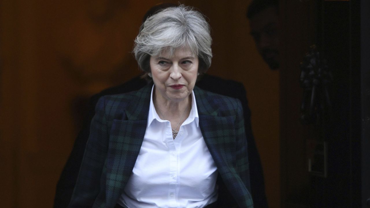 Prime Minister Theresa May leaving Downing Street in London, ahead of her speech on Brexit Tuesday Jan. 17, 2017. May is to give further details of her plans for Brexit in a speech in which she will declare she does not want an outcome which leaves the UK "half-in, half-out" of the European Union. (Stefan Rousseau/PA via AP)