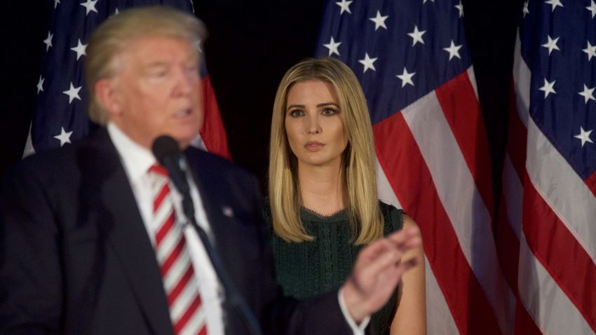 ASTON, PA - SEPTEMBER 13:  Ivanka Trump looks on as her her father, Republican presidential hopeful Donald J. Trump, speaks during a campaign event at the Aston Township Community Center on September 13, 2016 in Aston, Pennsylvania.  Recent national polls show the presidential race is tightening with two months until the election. (Photo by Mark Makela/Getty Images)