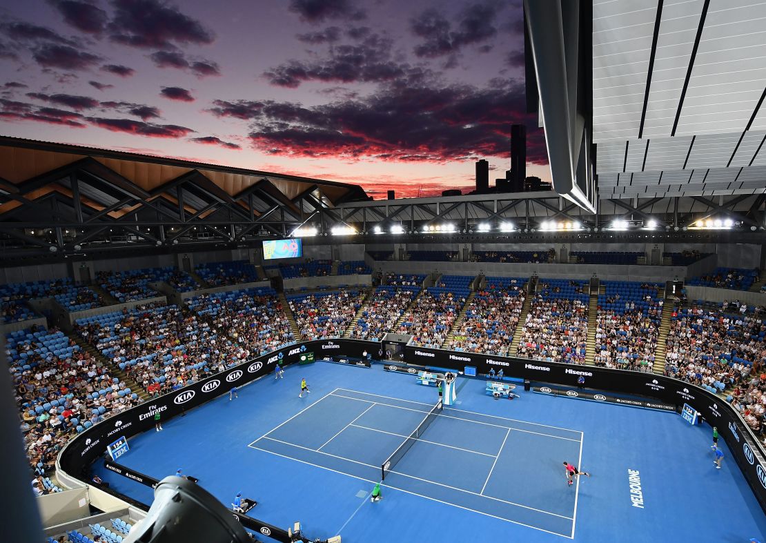 The sun sets over the Margaret Court Arena at Melbourne Park.