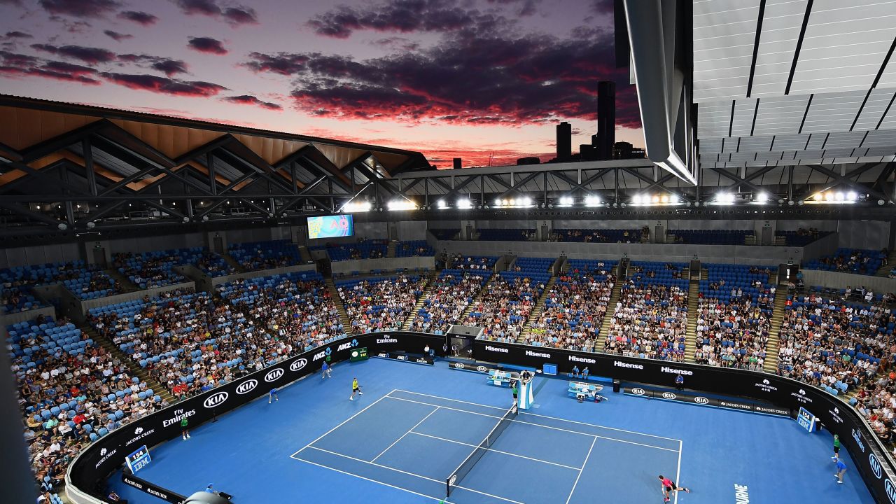 The sun sets over Margaret Court Arena at Melbourne Park.