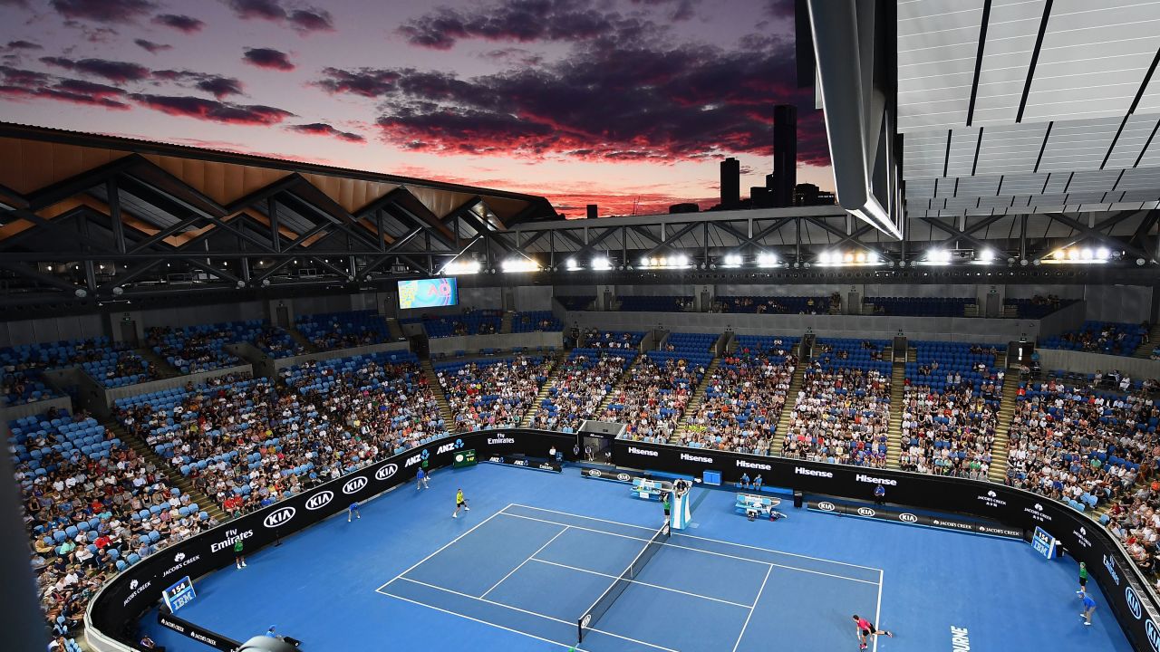 The sun sets over the Margaret Court Arena at Melbourne Park.