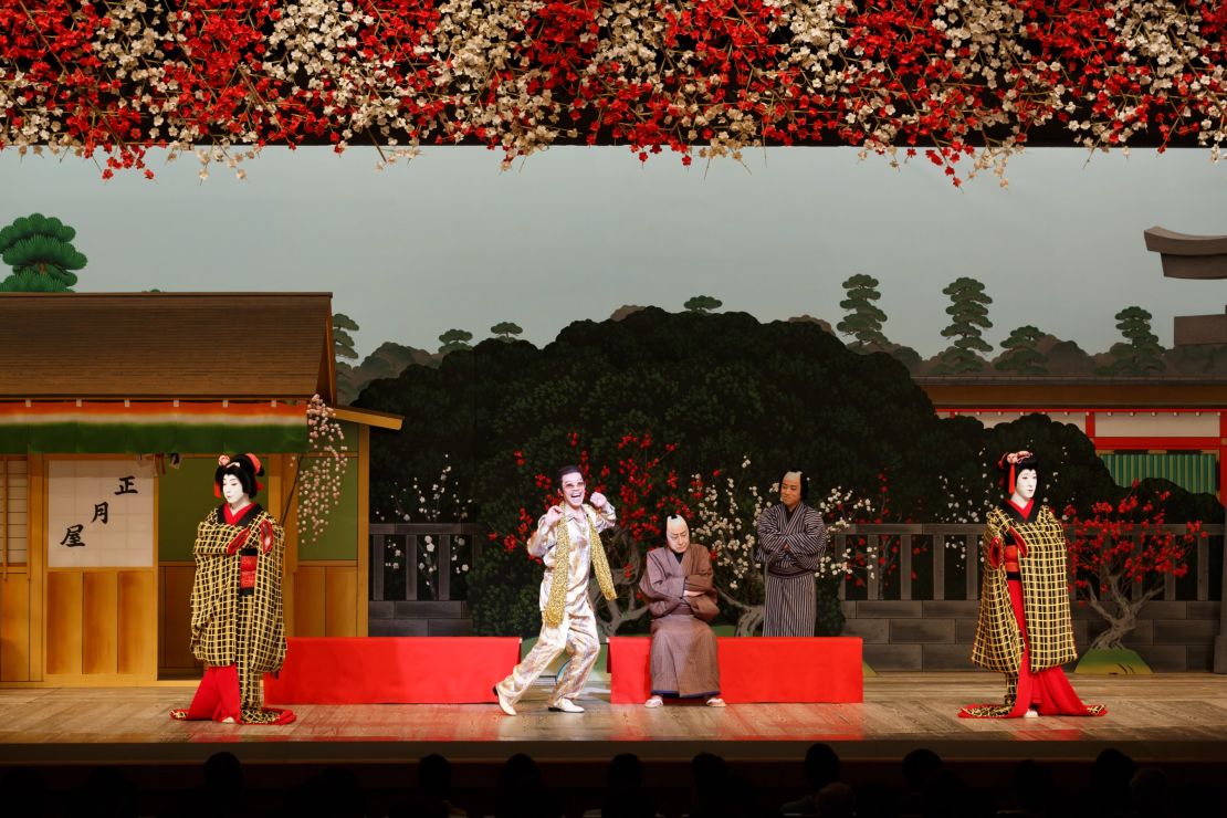 An actor dressed as Japanese comedian Piko Taro makes an appearance in the Kabuki play 'Shiranui Monogatari.'