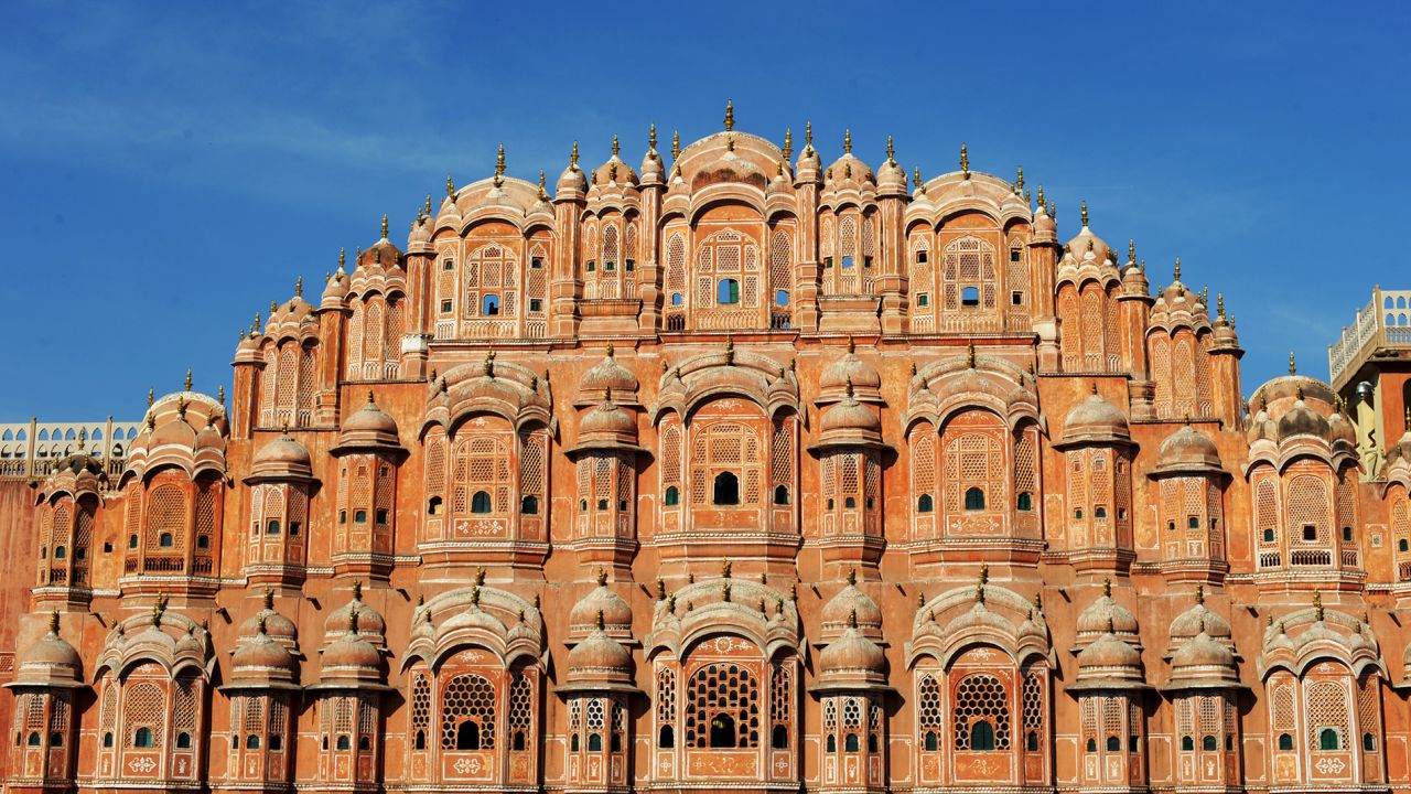 The facade of the Hawa Mahal or "Palace of Winds" in the old walled city of Jaipur. 