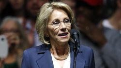 Betsy DeVos, selected for Education Secretary by President-elect Donald Trump speaks during a rally, in Grand Rapids, Mich., Friday, Dec. 9, 2016. (AP Photo/Paul Sancya)