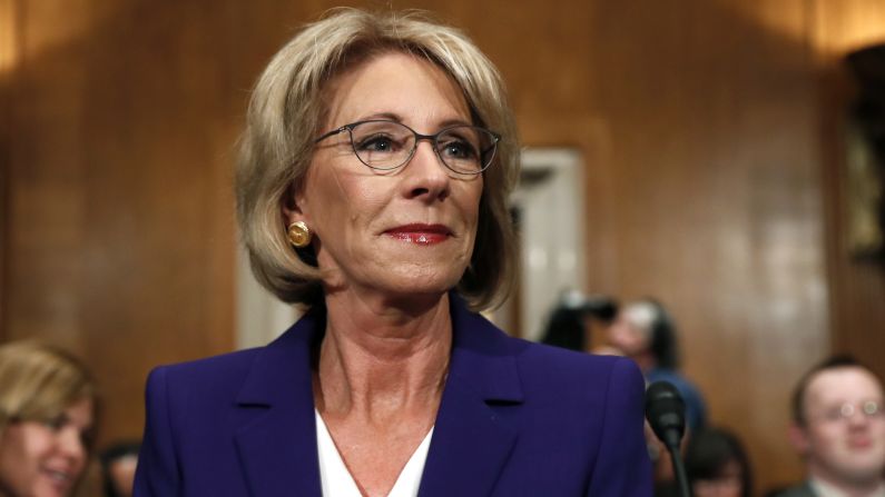 DeVos, a top Republican donor and school-choice activist,<a href="index.php?page=&url=http%3A%2F%2Fwww.cnn.com%2F2017%2F01%2F17%2Fpolitics%2Fbetsy-devos-education-secretary-hearing%2Findex.html"> </a>prepares to testify at her confirmation hearing in January. DeVos <a href="index.php?page=&url=http%3A%2F%2Fwww.cnn.com%2F2017%2F01%2F17%2Fpolitics%2Fbetsy-devos-education-nominee-donald-trump%2F" target="_blank">stood firm in her long-held beliefs</a> that parents -- not the government -- should be able to choose where to send children to school, pledging to push voucher programs if she was confirmed.