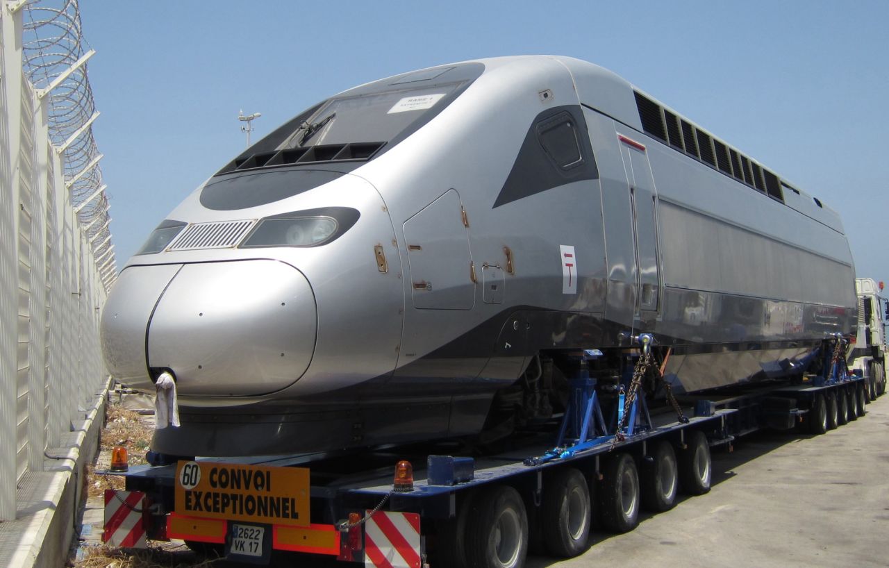 A carriage of the French-made TGV train arrives at the Moroccan port of Tangier, the first high-speed train to operate in Africa.<br /><br />The TGVs are capable of speeds of 200 miles per hour, and they will cut the journey time between Tangier and Morocco's economic capital Casablanca by more than half. 