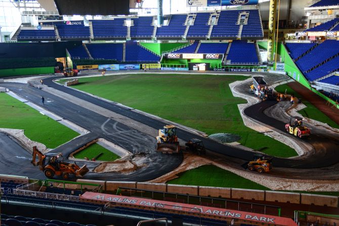 Just days before the event the final touches are being made to the Race of Champions circuit. "This is a very unique event because of the impact that it has on the field," explains Claude Delorme, the Miami Marlins executive vice president of operations and events.