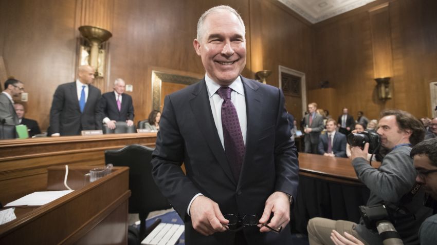 Environmental Protection Agency Administrator-designate Scott Pruitt arrives on Capitol Hill in Washington, Wednesday, Jan. 18, 2017, to testify at his confirmation hearing before the Senate Environment and Public Works Committee. (AP Photo/J. Scott Applewhite)