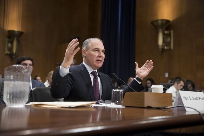 Pruitt testifies at <a href="index.php?page=&url=http%3A%2F%2Fwww.cnn.com%2F2017%2F01%2F18%2Fpolitics%2Fscott-pruitt-epa-hearing%2F" target="_blank">his confirmation hearing</a> in January. Pruitt said he doesn't believe climate change is a hoax, but he didn't indicate he would take swift action to address environmental issues that may contribute to climate change. He said there is still debate over how to respond.