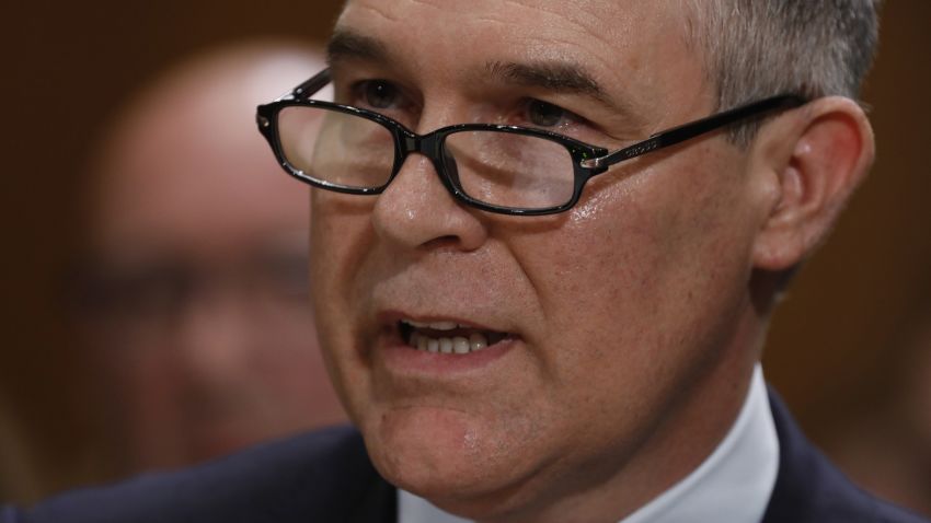 WASHINGTON, DC - JANUARY 18: Oklahoma Attorney General Scott Pruitt, President-elect Donald Trump's choice to head the Environmental Protection Agency, testifies during his confirmation hearing before the Senate Committee on Environment and Public Works on Capitol Hill January 18, 2017 in Washington, DC. Pruitt is expected to face tough questioning about his stance on climate change and ties to the oil and gas industry.   (Photo by Aaron P. Bernstein/Getty Images)