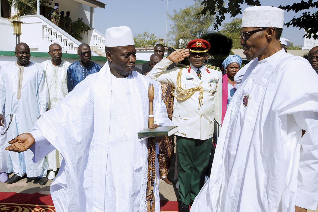 Jammeh, left, meets with Nigerian President Muhammadu Buhari on Friday in Gambia's captial, Banjul.