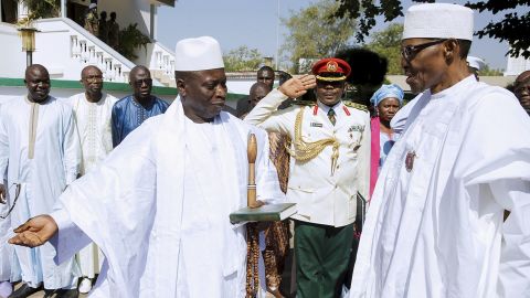 Jammeh, left, meets with Nigerian President Muhammadu Buhari on Friday in Gambia's captial, Banjul.