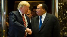 TOPSHOT - US President-elect Donald Trump shakes hands with Martin Luther King III after meeting at Trump Tower in New York City on January 16, 2017. 
The eldest son of American civil rights icon Martin Luther King Jr. met with US President-elect on the national holiday observed in remembrance of his late father. / AFP / DOMINICK REUTER        (Photo credit should read DOMINICK REUTER/AFP/Getty Images)