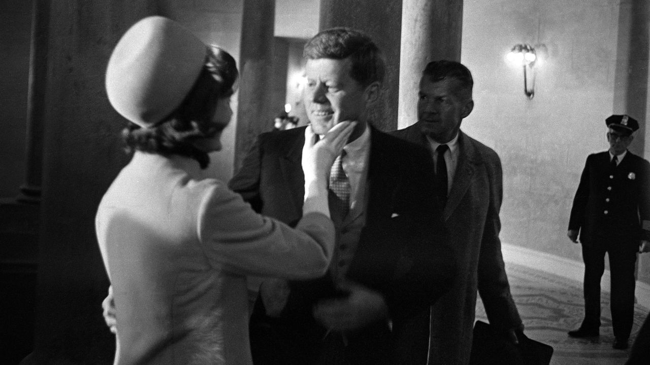 Jackie Kennedy greets her husband in the rotunda of the Capitol moments after he was sworn in as president. The pair married in September 1953, when she was then 24-year-old Jacqueline Bouvier, a writer with the Washington Times-Herald, and he a 36-year-old senator. They had two children who survived: Caroline and John Jr.