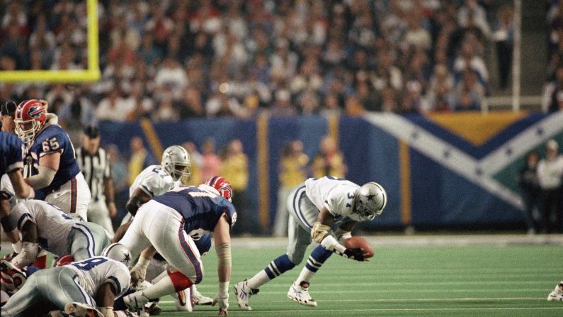 James Washington of the Dallas Cowboys recovers the football after it was fumbled by the Buffalo Bills' Thurman Thomas during the third quarter of Super Bowl XXVIII in the Georgia Dome on January 30, 1994. The Cowboys went on to defeat the Bills, 30-13.
