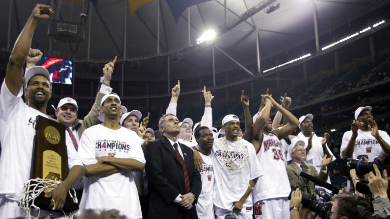 Maryland celebrates after defeating Indiana to win the NCAA men's basketball championship game at the Georgia Dome on April 1, 2002.