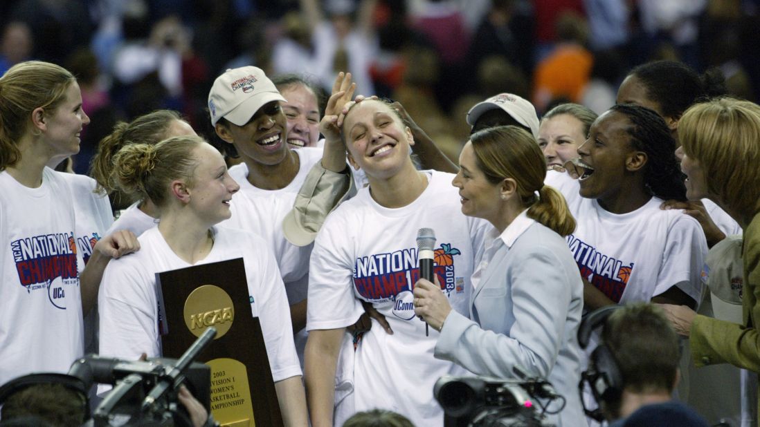 Connecticut's Diana Taurasi celebrates with her teammates after they won the NCAA women's basketball championship game in April 2003. UConn defeated Tennessee 73-68.