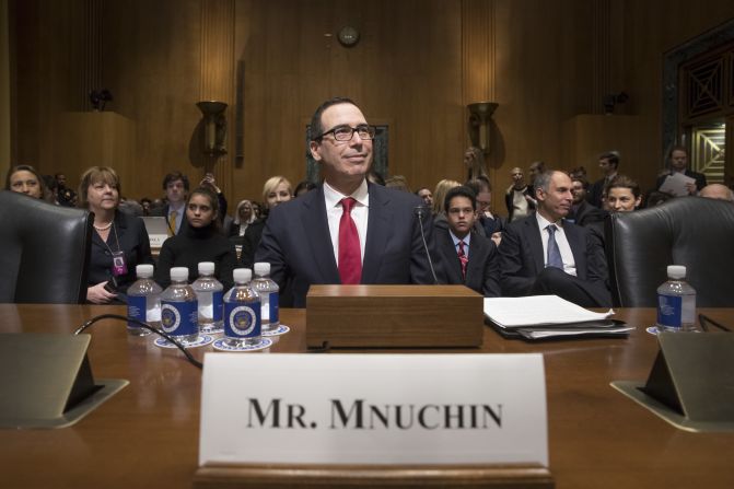Mnuchin arrives for his confirmation hearing in January. Mnuchin, a former Goldman Sachs banker, <a href="index.php?page=&url=http%3A%2F%2Fmoney.cnn.com%2F2017%2F01%2F19%2Fnews%2Feconomy%2Fmnuchin-treasury-confirmation-hearing%2Findex.html" target="_blank">faced policy questions</a> about taxes, the debt ceiling and banking regulation.