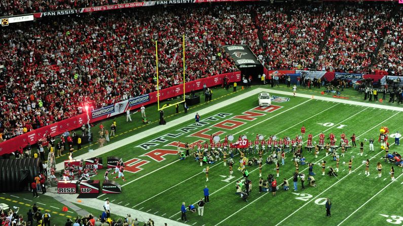 The Atlanta Falcons take the field before the NFC Championship Game against the San Francisco 49ers at the Georgia Dome on January 20, 2013. It was the first time Atlanta hosted an NFC Championship Game.