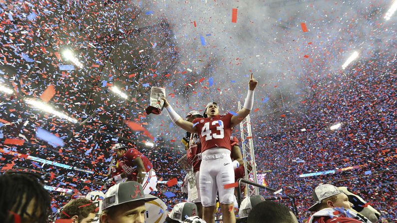 Confetti fills the Georgia Dome as Alabama celebrates a 24-7 victory over Washington in the College Football Playoff Peach Bowl semifinal on December 31, 2016.