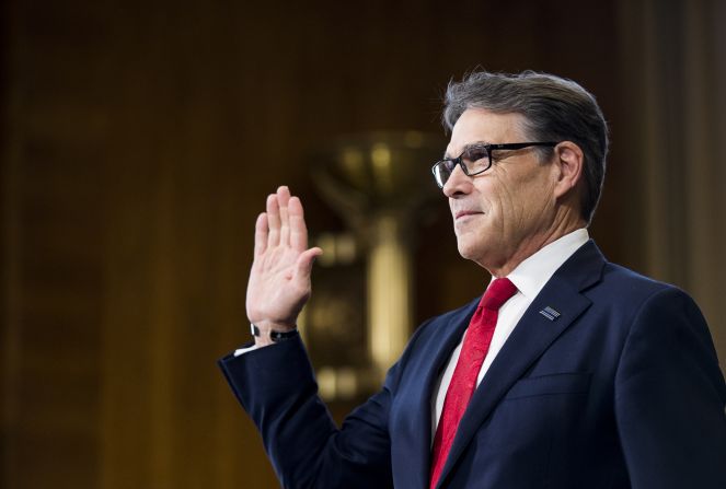 Perry is sworn in before his confirmation hearing in January. <a href="index.php?page=&url=http%3A%2F%2Fwww.cnn.com%2F2017%2F01%2F19%2Fpolitics%2Frick-perry-hearing-energy-department%2Findex.html" target="_blank">During his testimony,</a> Perry cast himself as an advocate for a range of energy sources, noting that he presided over the nation's leading energy-producing state. He also said he regrets once calling for the Energy Department's elimination.