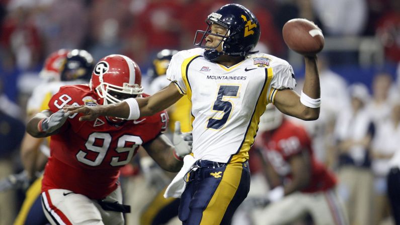 West Virginia Mountaineers quarterback Pat White throws to a receiver in the second half in a 38-35 win over the Georgia Bulldogs in the Nokia Sugar Bowl at the Georgia Dome on January 2, 2006. The game, which is held annually at the Mercedes-Benz Superdome in New Orleans, was moved to the Georgia Dome because of damage from Hurricane Katrina.