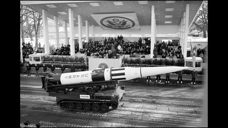 The US 3rd Armored Cavalry Regiment showcases a missile as the parade moves past the presidential viewing stand.