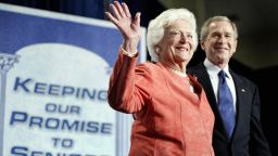 ORLANDO, UNITED STATES:  Former US first lady Barbara Bush waves after being introduced by her son US President George W. Bush at a meeting to promote his Social Security reform plan in Orlando, Florida, 18 March 2005. Bush called on his mother to help defend his embattled plan to partly privatize the government-run retirement program, which he has made a chief goal of the second four-year term he won in November. Even members of his own Republican party in the US Congress, where they enjoy a majority in both the House of Representatives and the Senate, have expressed skepticism about his proposal to let people divert some of their Social Security taxes into private accounts.       