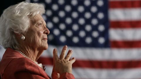 <a href="https://www.cnn.com/2018/04/17/politics/barbara-bush-dies/index.html">Former first lady Barbara Bush</a>, the matriarch of a Republican political dynasty and a first lady who elevated the cause of literacy, died April 17, 2018, at age 92. Here, she listens as her son, President George W. Bush, addresses an event in Orlando in 2005. She was the second woman in US history to have had a husband and a son elected President. Her husband, George H.W. Bush, was the 41st President of the United States. Her son was the 43rd.