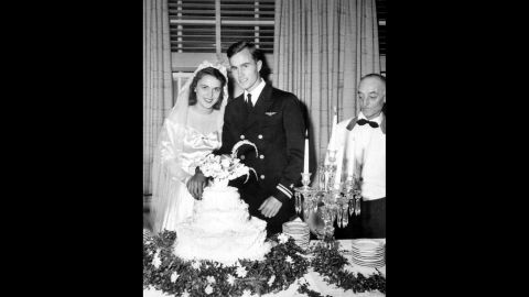 Bush and her husband are pictured on their wedding day in Rye, New York. The two married on January 6, 1945.
