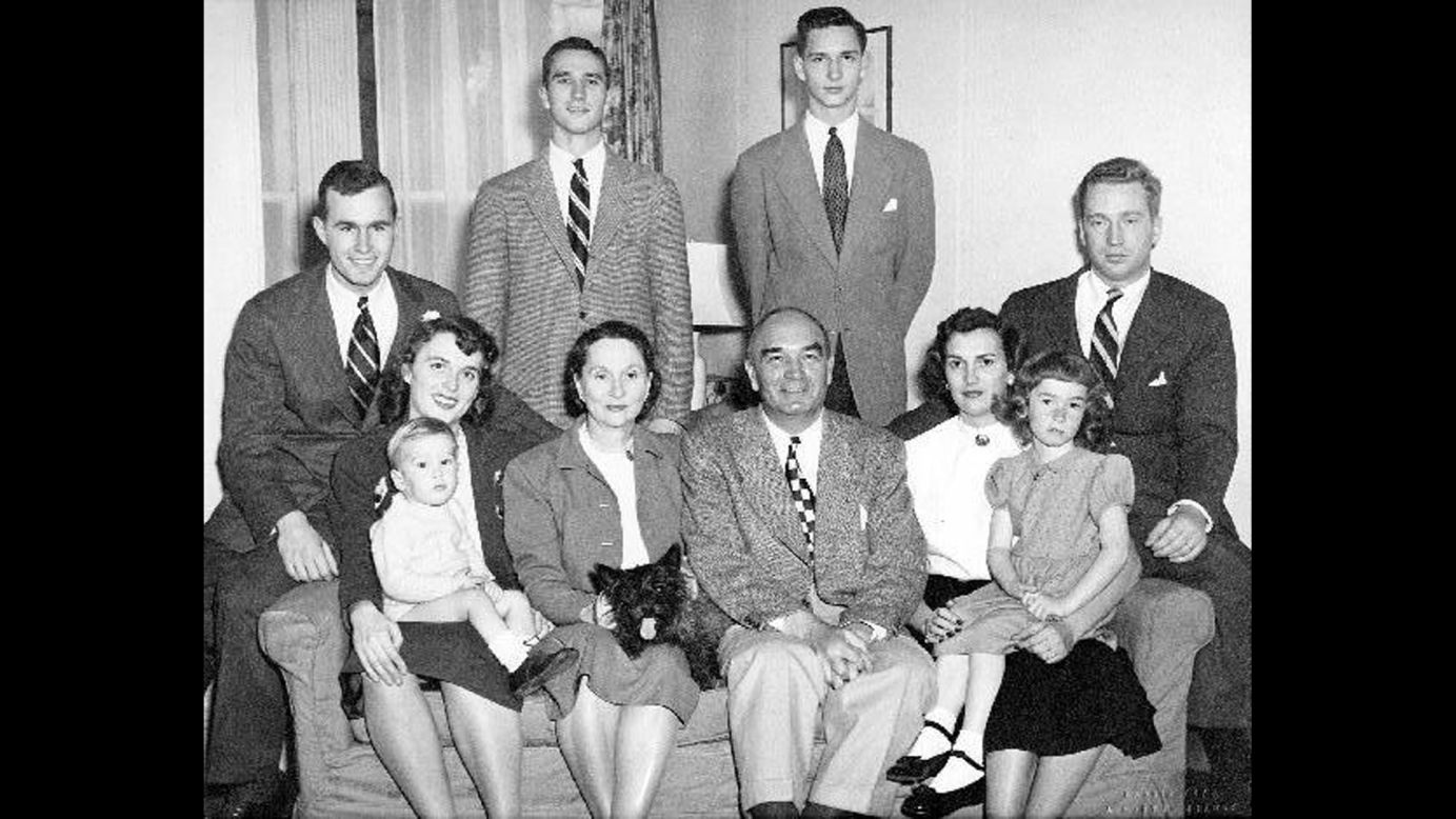 This family portrait was taken around 1948 in New Haven, Connecticut. Pictured are Barbara Bush's husband, brothers, parents and sister, along with her sister's family.