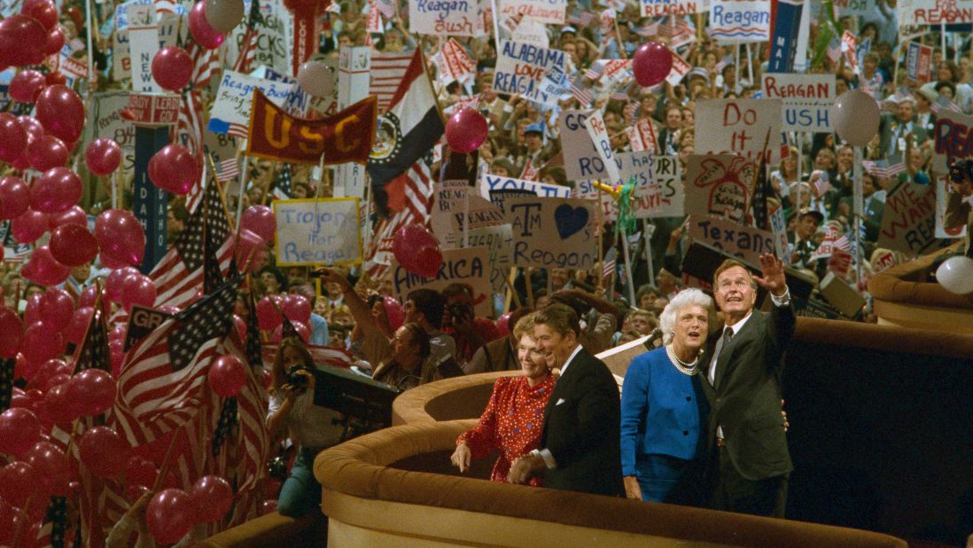 Republican convention delegates celebrate the nomination of President Ronald Reagan and Vice President Bush in 1984.