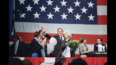 Bush and her husband meet supporters in Houston on October 12, 1987. On that day, Bush declared his candidacy for the presidency.