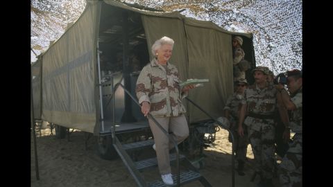 Barbara Bush celebrates Thanksgiving with US Marines in Saudi Arabia during the Gulf War.