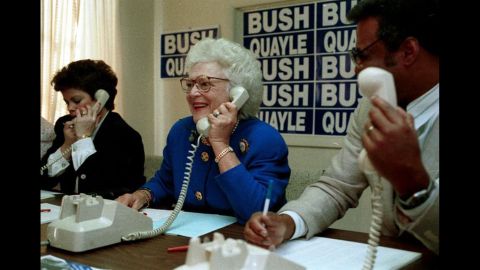 Bush makes campaign calls at a phone bank in Colorado Springs, Colorado, on February 2, 1992.