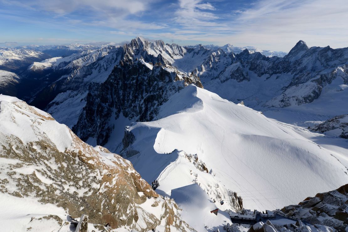 The Aiguille du Midi accesses the Vallee Blanche and Mont Blanc massif.