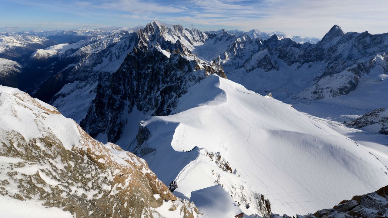 The Aiguille du Midi accesses the Vallee Blanche and Mont Blanc massif.