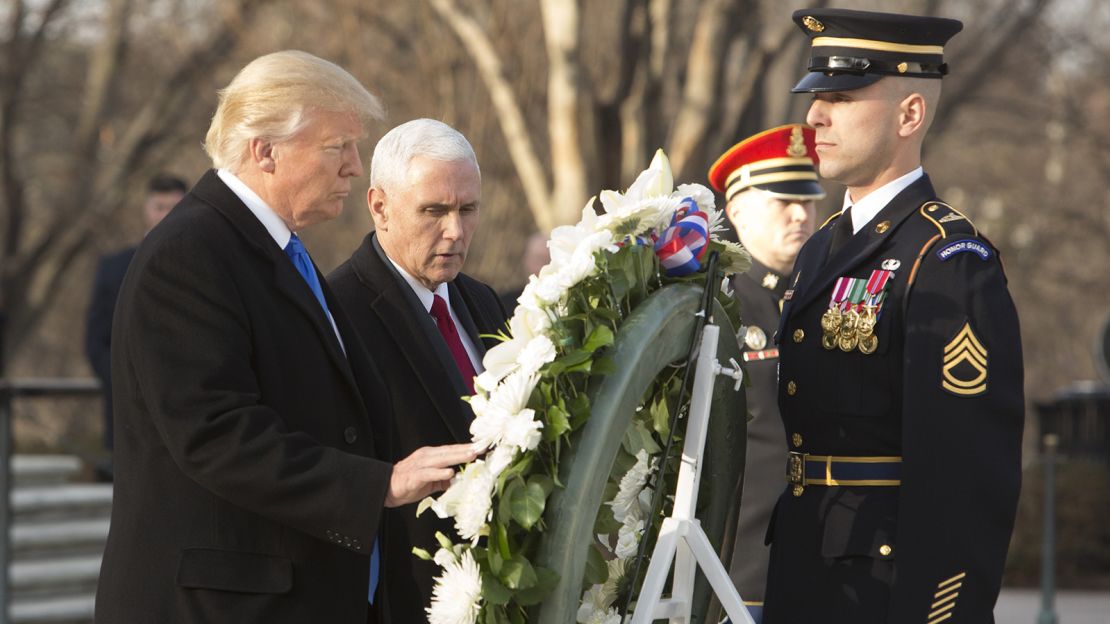 President-elect Donald J. Trump and Vice President-elect Mike Pence participate in a wreath laying ceremony at Arlington National Cemetery on January 19, 2017 in Arlington, Virginia. 