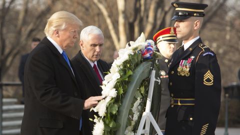 President-elect Donald J. Trump and Vice President-elect Mike Pence participate in a wreath laying ceremony at Arlington National Cemetery on January 19, 2017 in Arlington, Virginia.